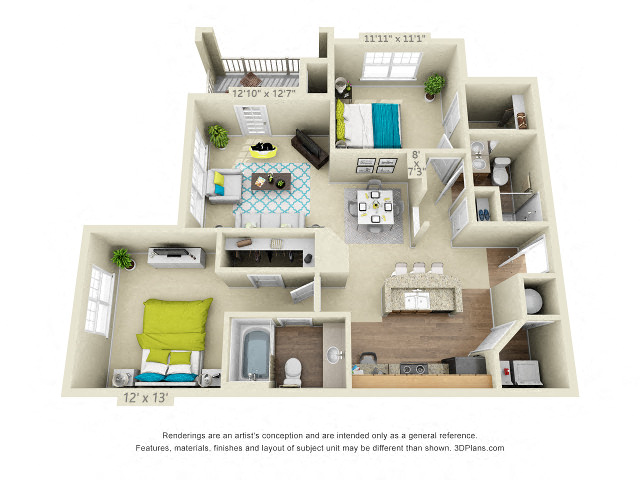 Floor plan for 2 beds, 2 baths, 1054 sqft